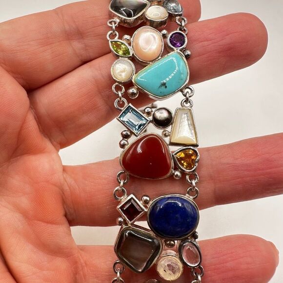7.5" Mult-gemstone and shell stamped sterling silver bracelet! - Picture 10 of 14